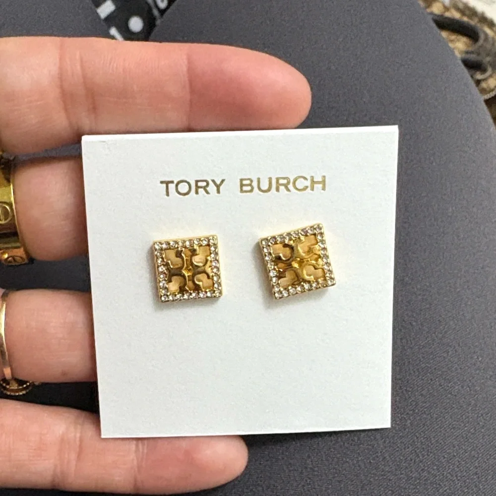 Tory Burch Gold and Crystal Square Earrings